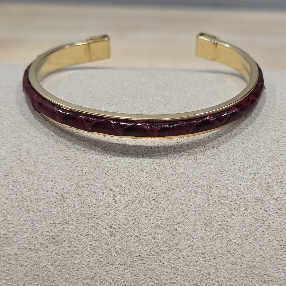 Delicate Small Plum Burgundy Leather Inlay Gold Cuff Bracelet